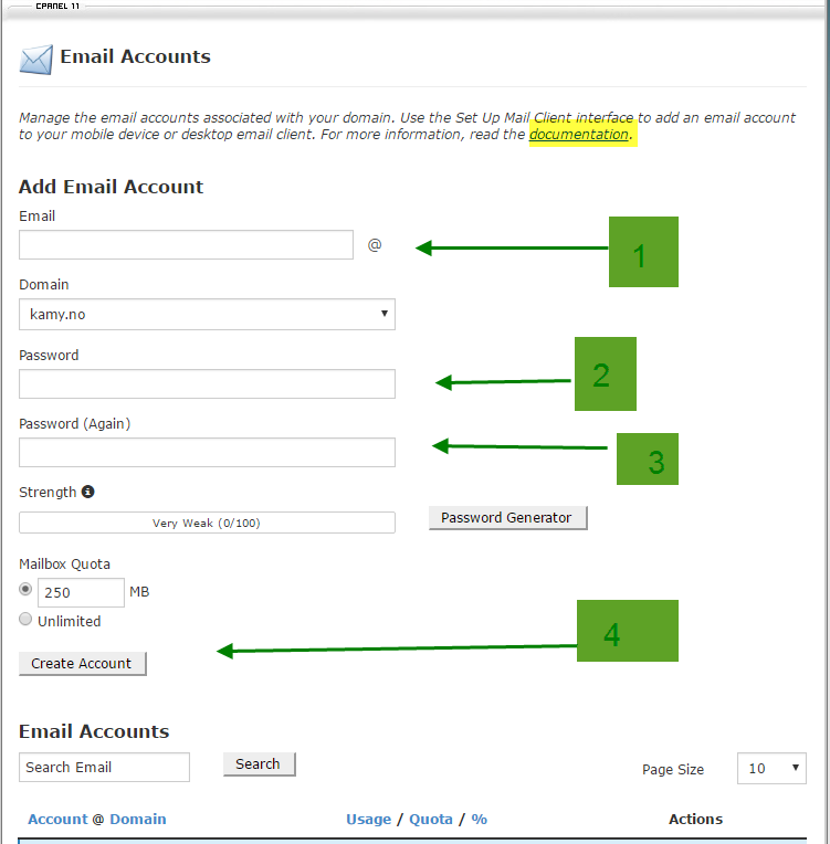 Opprett cpanel epost